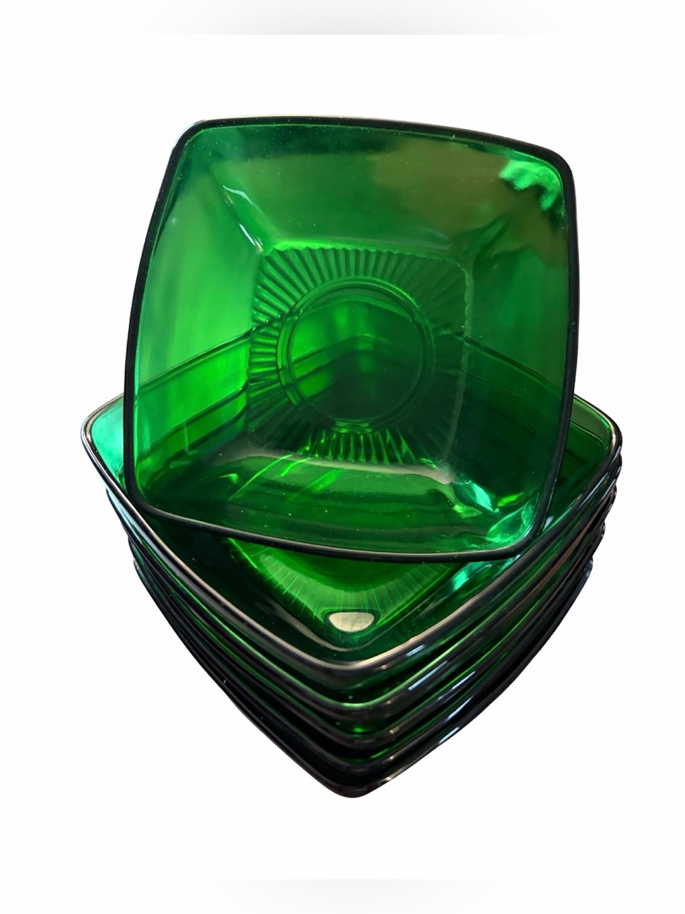 Vintage 1950’s Anchor Hocking Fire-King Charm Forest Green 5” Square Bowl Set 6